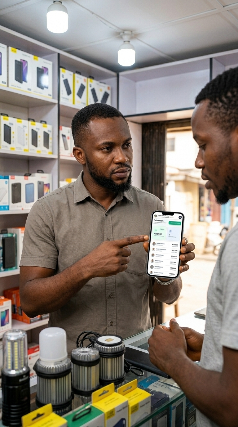 Shop owner showing debt records on Pocket Shop Manager