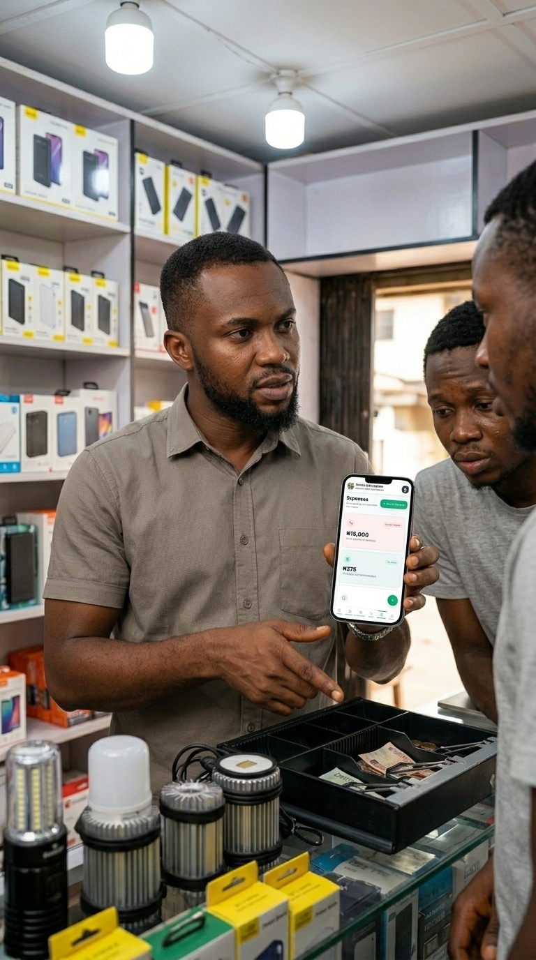 Shop owner reviewing expense records with staff