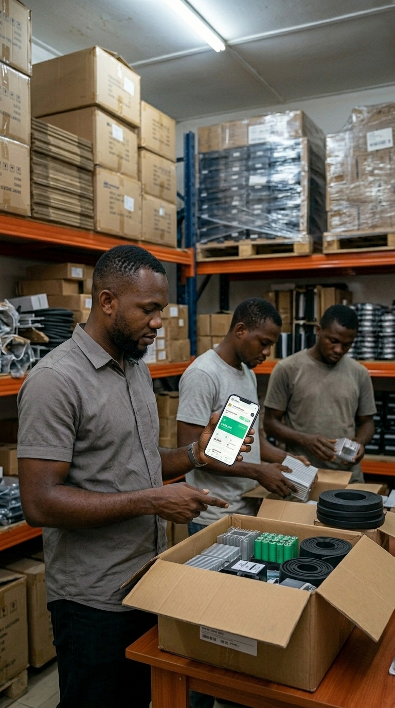 Shop owner checking inventory with Pocket Shop Manager