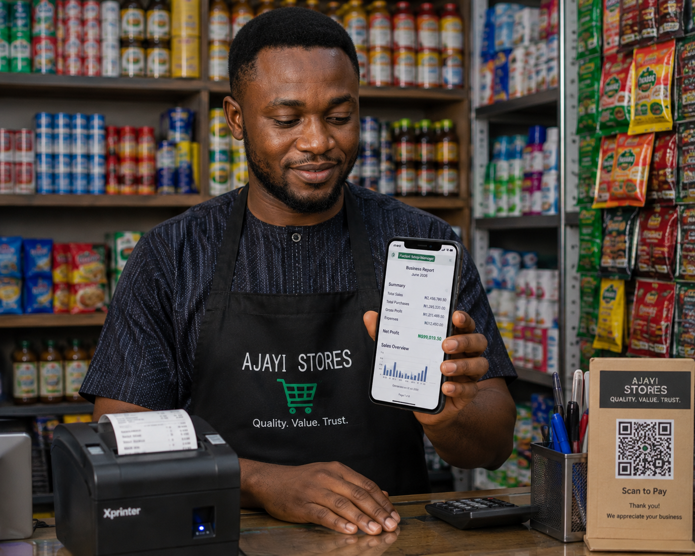 Pocket Shop Manager business reports dashboard showing revenue, profit and expenses