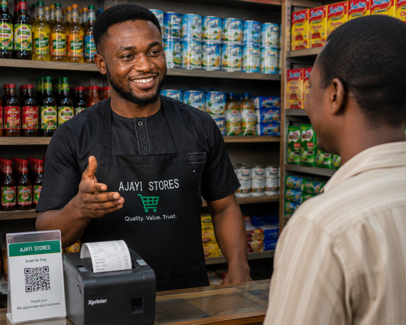 Nigerian shop owner attending to a customer using Pocket Shop Manager