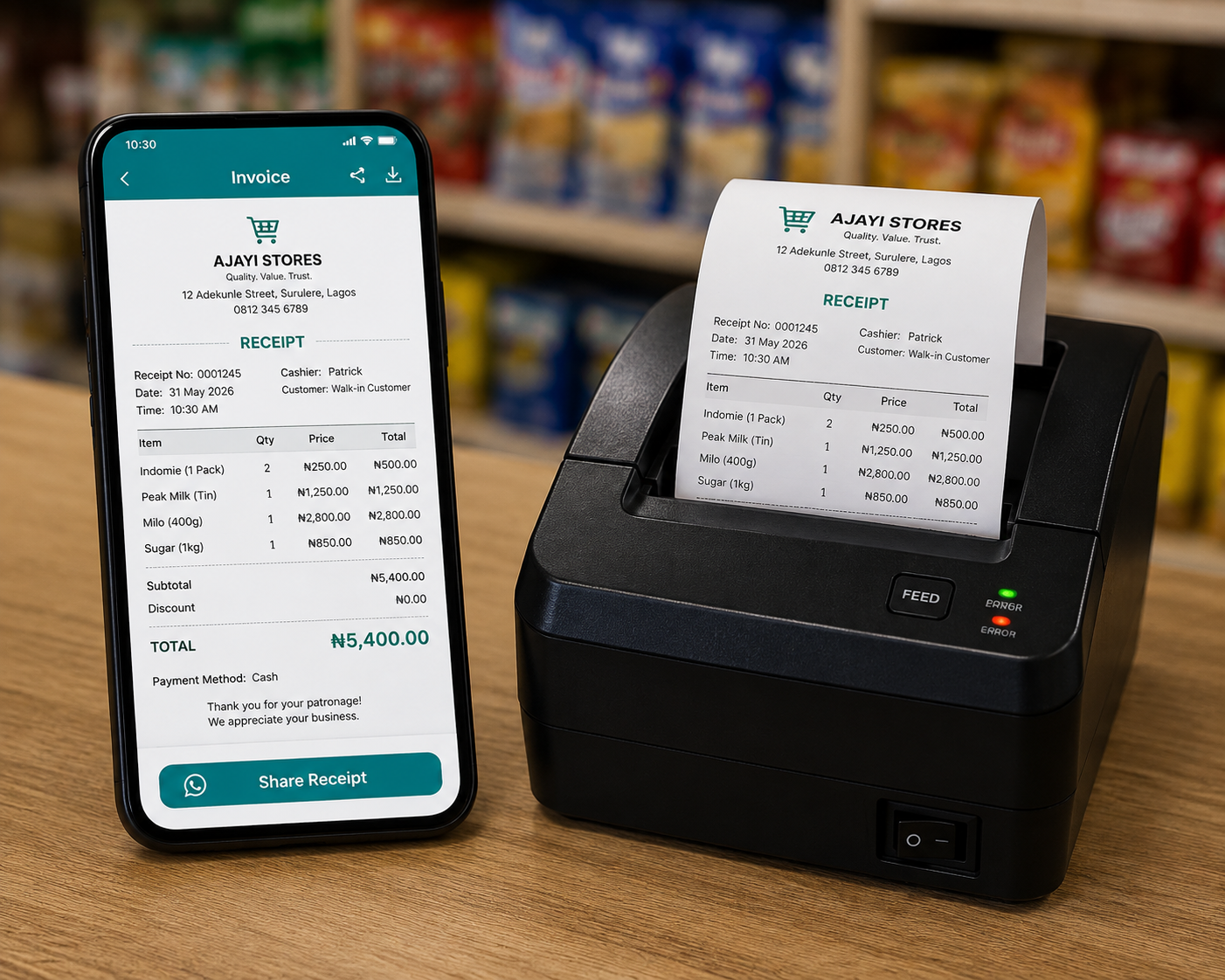 Pocket Shop Manager invoice on a phone next to a thermal receipt printer completing an offline sale in a Nigerian shop
