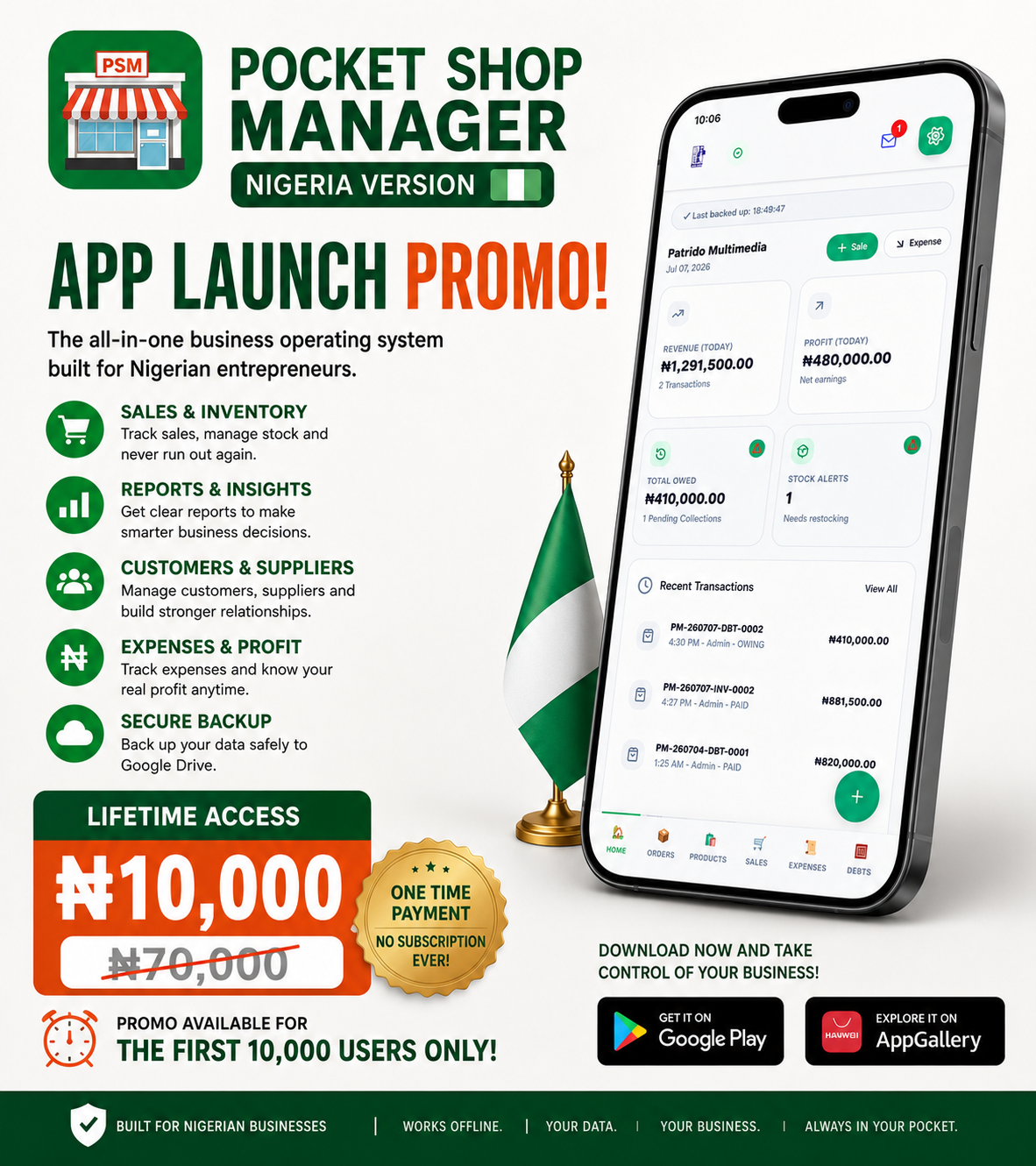 Pocket Shop Manager app launch promo flyer showing lifetime access pricing of ₦10,000