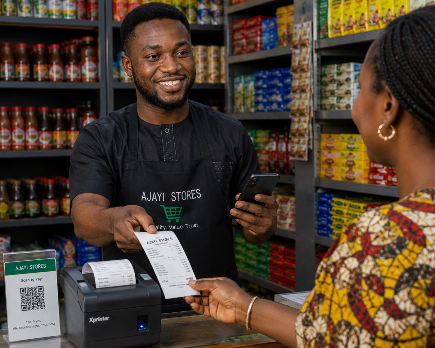 Nigerian shop owner handing a printed thermal receipt to a customer using Pocket Shop Manager