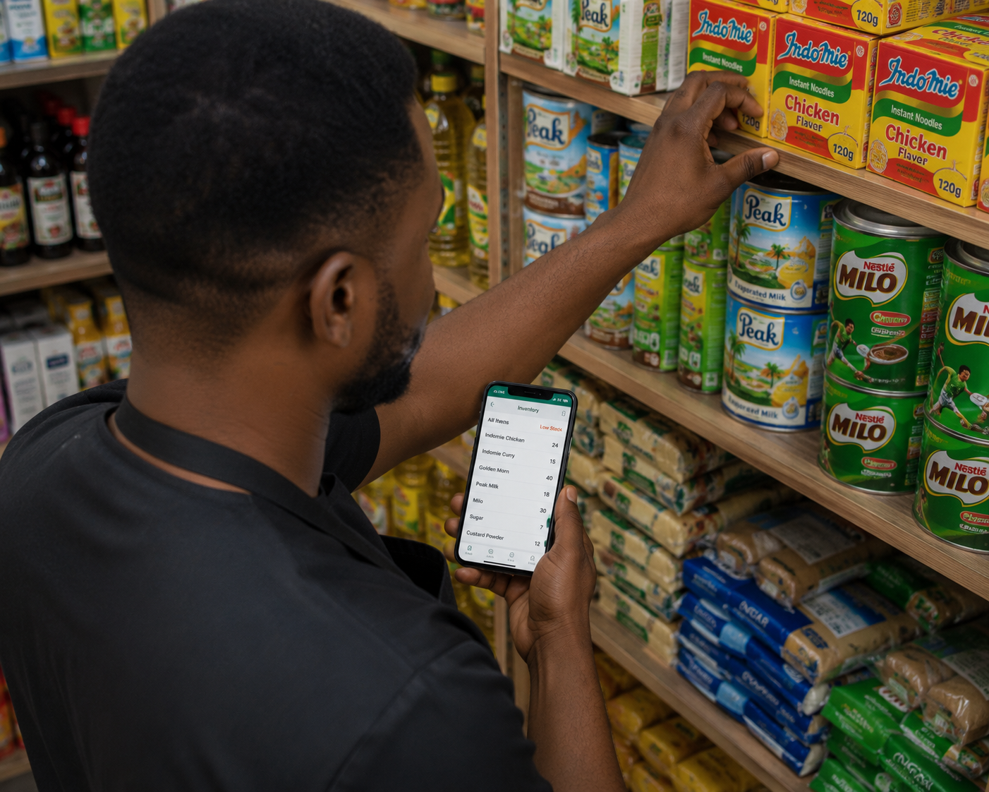Nigerian shop owner checking physical shelf stock against Pocket Shop Manager